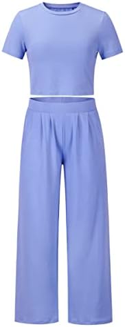 ZzredTop Womenените солидна боја со две парчиња облека со кратки ракави и долги панталони