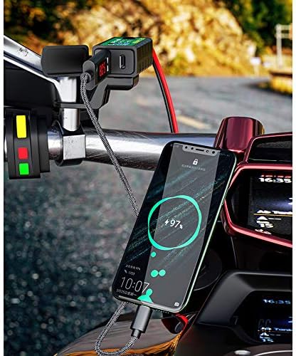 Yonhan моторцикл USB полнач SAE до USB адаптер, вкупно 36W двојно USB тип C PD и брзо полнење 3.0 со прекинувач Voltmeter & Off/Off, 3 опции за инсталирање, за GPS за паметни телефонски таблет