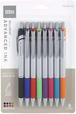 Office Depot Advanced Ink Retractable Ballpoint пенкала, точка на игла, 0,7 mm, разновидни буриња, разновидни бои за мастило, пакет од 8