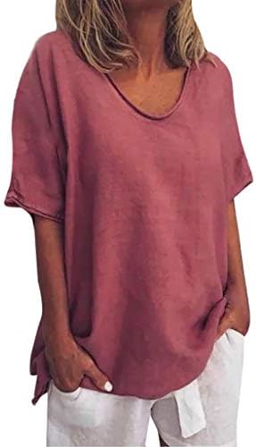 Плус големина памучни постелнини врвови за жени со кратки ракави екипаж маица летни обични цврсти блузи удобни лабави кошули