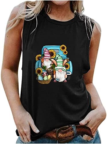 Велигденски резервоар врвови за жени обична летна блуза без ракави, симпатична сончоглед Gnome графички маички за одмор
