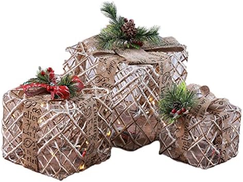 Сет од 3 Божиќни осветлени кутии за подароци претходно осветлени светлосни кутии украси на отворено топли бели кутии декорација за затворен