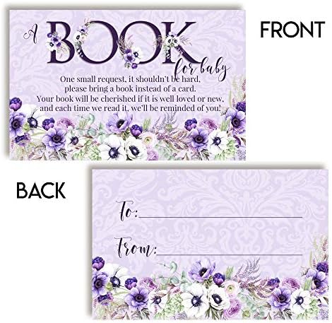 Акварел Виолетова цветни картички „Донеси книга“ за тушеви за бебиња, 20 2,5 на 4 инчи двострани картички за вметнување со амандаксија, поканете