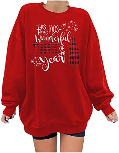Женски грда Божиќна долга ракав О-врат Блуза Обичен пулвер, грди Божиќни маички врвови 3Д печатени џемпер