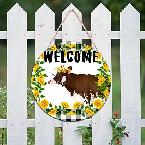 Bestorlove Добредојдовте знак од влезна врата добредојде од крава сончоглед околу дрво знаци Бафало карирана дрвена плакета Хајленд крава 16in Wallид виси знак за домашна ?