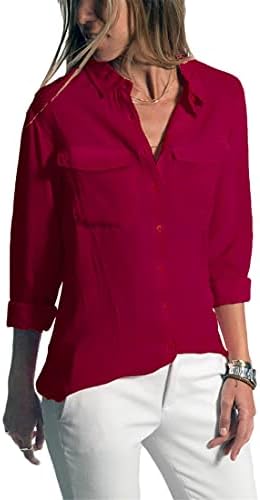 Andongnywell Цврста боја на обична лапа со долги ракави џебни кошула женска облека летни повеќебојни врвови