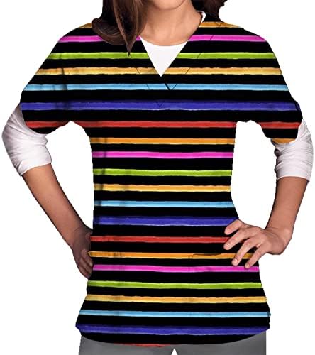 Nokmopo кошули за жени плус големина моден печатење кратки ракави врвови за вратот на вратот на џебната блуза Основни врвови на пулвер