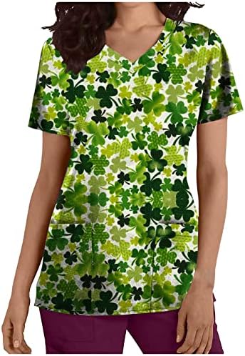 Денот на жената Свети Патрик Блузи Краток Ракав Работна Униформа Блуза V - Вратот Лабава Зелена Графичка Работна Облека со Џебови