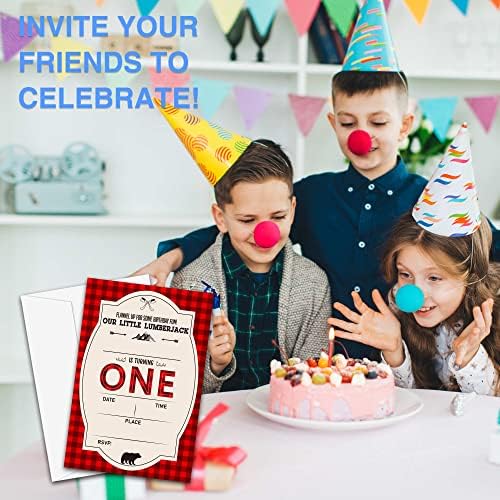 Покани за прв роденден на YQV LumberJack, покани за роденденска забава со лимчиња од 20 точки со пликови, украси и материјали за роденденска