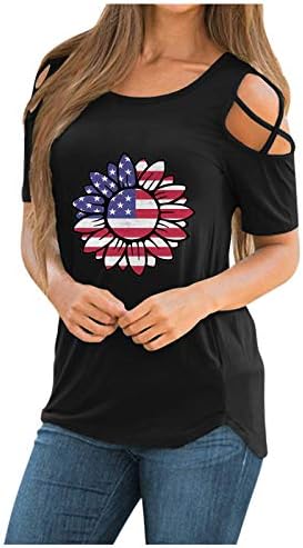 Жени На 4 јули На Врвот На Американското Знаме Патриотска Маица Кружен Врат Исечок Модни Дами Блузи Со Кратки Ракави