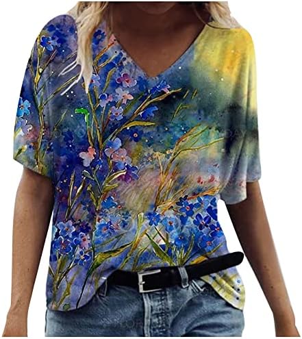 Nokmopo женски фланели кошули Краток ракав ситен моден случај, плус големина цвеќиња печатење на врвови за маици на вратот на вратот