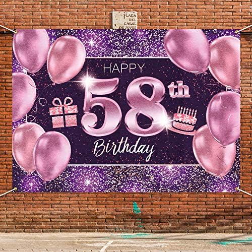 Пакбум Среќен 58-Ти Роденден Банер Позадина - 58 Роденден Декорации Материјали За Жени-Розова Виолетова Злато 4 x 6ft