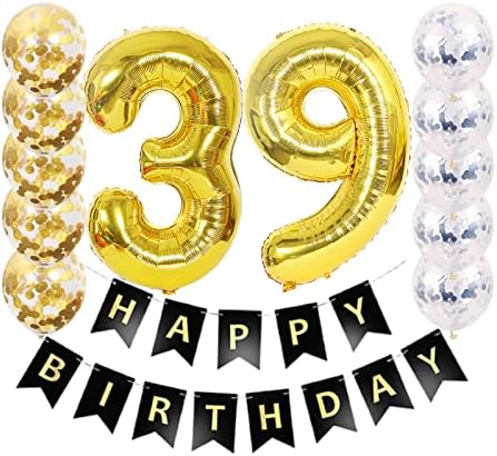 39 -та роденденска декорација Среќен роденден Црн банер балон 39 годишна забава за резерви на балони со злато 40 ” + Силве злато латекс