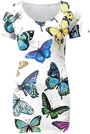 Фустан со должина на коленото за жени, женска летна обична мода печатена v врат џеб лента за ленти