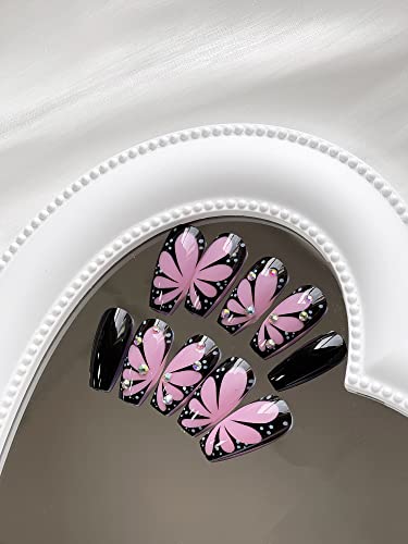 Притиснете на ноктите Среден ковчег лажни нокти целосни покритие лажни нокти со розови пеперутки дизајни црни сјајни ацилични нокти