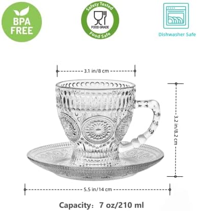 Гроздобер чаши чај чај со чинии, стаклени чаши 7 мл сет од 6 еспресо кафе врежана стакло со рачка, за капучино, лате, житни