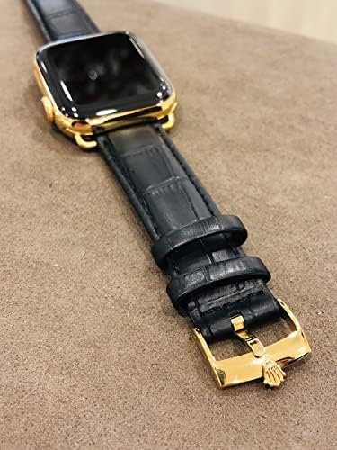 De Billas Lux 24K злато позлатена 45мм IWatch Серија 7 Црна алигатор Rolex GPS+LTE+Крв O2