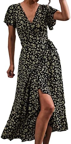 Женски летни фустани со краток ракав, сплит обвивка макси -половината вратоврска проточна долга фустан дами мини фустан со долг ракав