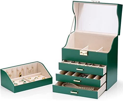 Вландо Организатор на големи накит кутија 5 -слојни кутии за складирање на накит со огледало и заклучување, стабилна лента и 3