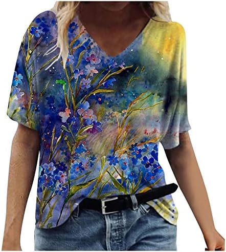 Женски кошули со вратот летни блузи, облечени цветни печатени маички, каузална вратоврска, бојата за боја, кратки ракави маички лабава маица