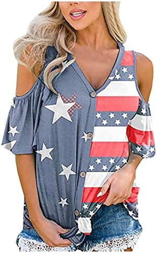 Lmdudan 2023 Ден на независност Студеното рамо врвови на жените на 4 -ти јули кошули Американско знаме со лента за вратот на вратот,