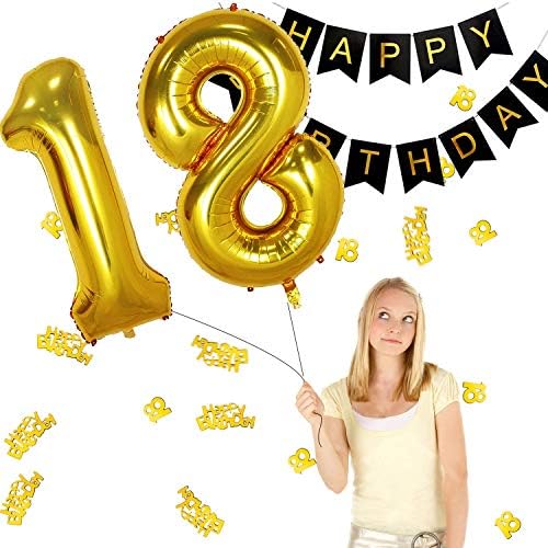 Мовинпе 18-Ти Декорација За Роденден На Црно Злато, Транспарент За Среќен Роденден, Балон Со Фолија Џамбо Број 18, Завеса Со 2 Раб, Балон