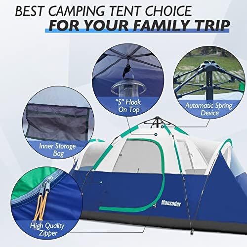 Мансадер 6 лице за семејство кампување шатор, водоотпорен ветроут со врвен Rainfly, лесно поставување, поп -шатор за патување за пешачење во