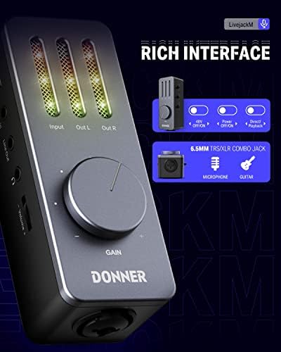 Донер USB аудио интерфејс, интерфејс за адаптер за гитара за паметни телефони со Android, iPhone, Mac, таблети и компјутер, со USB-C, лесен