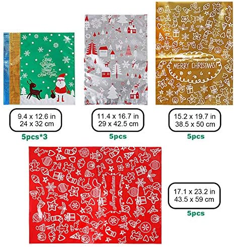 HRX пакет за подароци за одмори со фолија со ленти со лента, 30 парчиња, вреќи за завиткување на подароци, торбички Божиќ милар, добро торбички