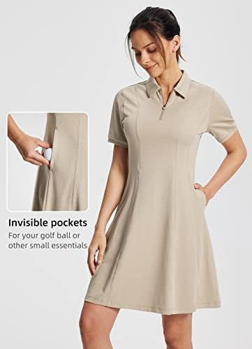 Baleafенски женски голф фустан за голф со кратки ракави Поло кошули фустан голф облека колена должина на џебови четвртина zip upf 50+