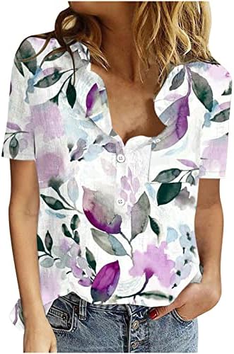Копче за блузи на женски постелнини надолу v Блузи на вратот 2023 Цветни кошули за печатење Busineee Обични блузи Туника Туника за нозе за