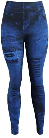 Женски обични панталони имитираат тексас хеланки еластични хулахопки со високи половини, тенок вклопат искинати фармерки панталони со џемпент