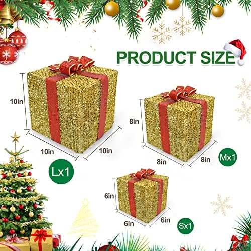 Budo сет од 3 Божиќни осветлени кутии за подароци, 100 LED осветлени топли украси од бела златна кутија со црвен лак за отворено затворено
