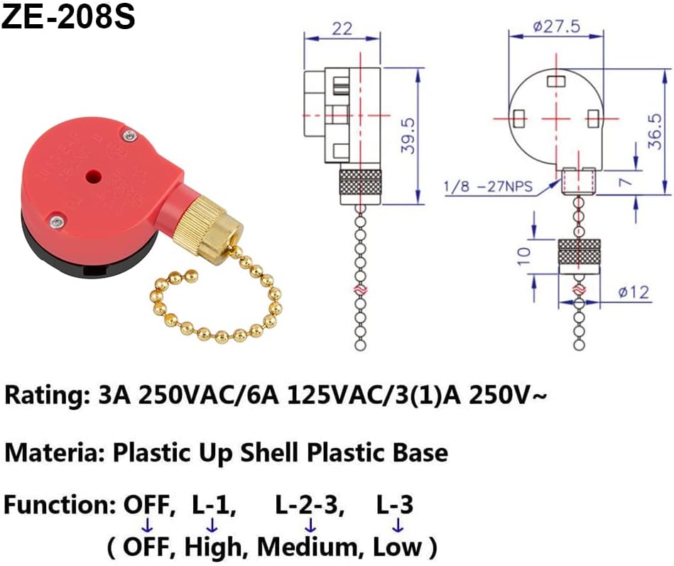 Прекинувач на вентилаторот на таванот ZE-208S, 3 Брзина 4 жица E89885 Повлечете го ланецот на ланец на уреди за контрола на брзината за замена