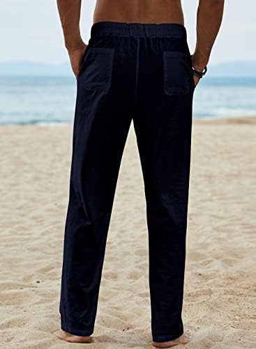 Ренаовин Машки Обични Ленени Панталони Лабаво Вклопување Права Нога Еластични Панталони За Половината Летна Јога На Плажа