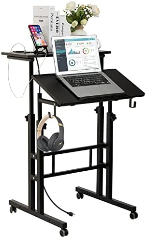 Siducal Mobile Stand Up Desk, прилагодлива лаптоп биро со тркала, работна станица за домашни канцеларии со USB порти и места, количка