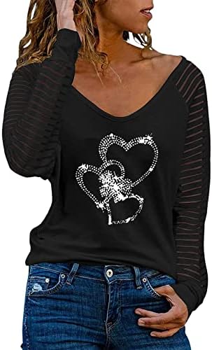 Womenените жешка вежба скелетот за печатење на срцева маица, жени, сплит ракав есен кошула против вратот инспиративни маички жени
