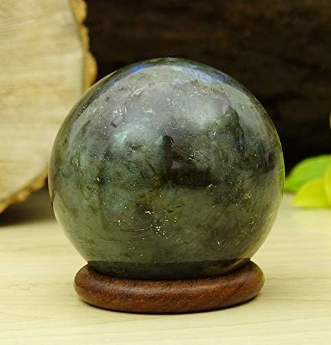 РЕИКИЕРА КРИСТАЛ ЛАБРАДОРИТ Стомана топка Природна скапоцен камен Сфера со прстен Стенд Реики декор- Изберете големина