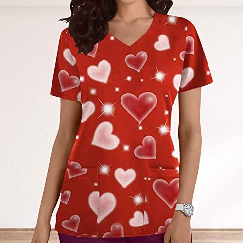 Складирајте ги врвовите на Денот на вineубените за жени кои работат униформи со маица печатени маички со кратки ракави со џебови