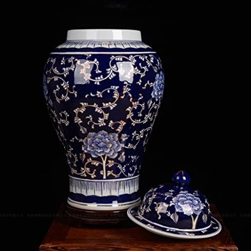 Фотоев ingингдезен класичен сино -бел порцелан декоративен, преглед на злато Твининг лотос керамички ѓумбир тегла вазна за