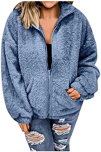Muените Muyise Women Faux Fur Sherpa Fleece јакна есен зимски патент, дебел долг ракав, плус големина качулки со џебови, сина, x-large