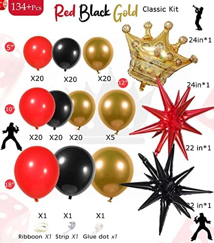 Црно И Црвено Злато балон венец комплет 135 парчиња латекс хром злато и круна ѕвезда балони За Роденденска Забава годишнина 2023 Дипломирање