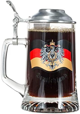 Германија Дојчленд Знаме И Грб Стакло Пиво Штајн Со Метален Капак И Палецот Лифт Со Појавување Застрелан Стакло
