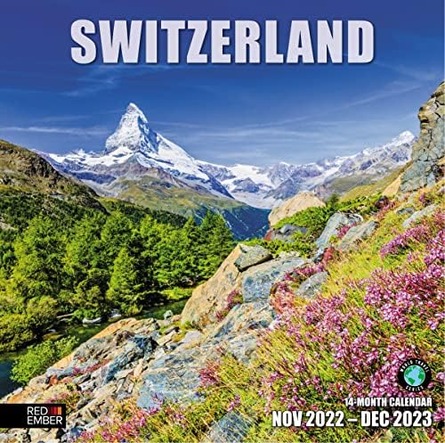 ЦРВЕН ЕМБЕР Швајцарија 2023 Висечки Месечен Ѕиден Календар | 12 х 24 Отворен | Дебел &засилувач; Цврста Хартија | Подарок | Зачудувачки