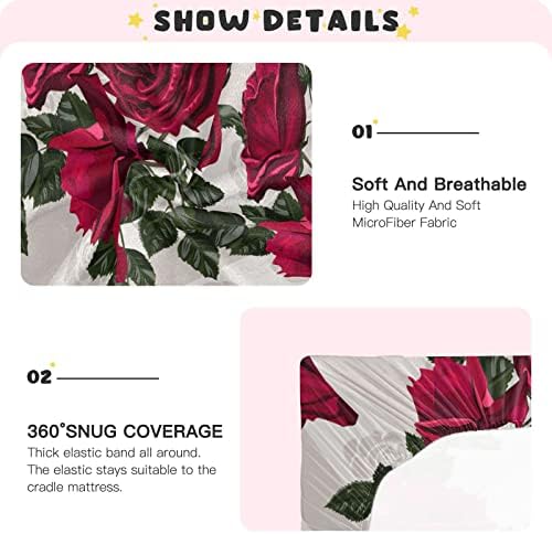 Цветни цвеќиња од црвена роза Цветни чаршафи за креветчиња, опремени листови за басинет за момчиња бебе девојчиња, стандардна големина