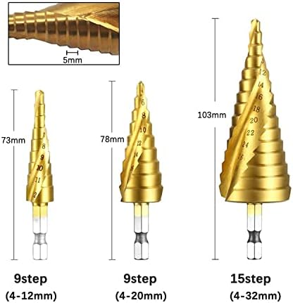 HEILEA 3PCS HSS титаниум-обложена спирална жлеб чекор вежба бит 4-12 4-20 4-32 Алатка за напојување чекори за вежбање Поставете метални мулти-дупки за дупчење