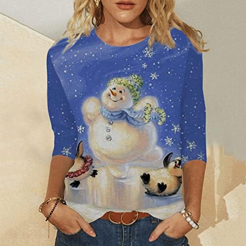 Божиќна кошула на Nokmopo за женски моден обичен четвртина ракав Божиќниот печатен тркалезен пулвер, основни врвови на маици