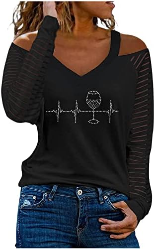 Црни дами стаклени музички блузи vneck без бек -бек -капки ленти блузи кошули мрежа долги ракави ладни рамо блузи 3м xl