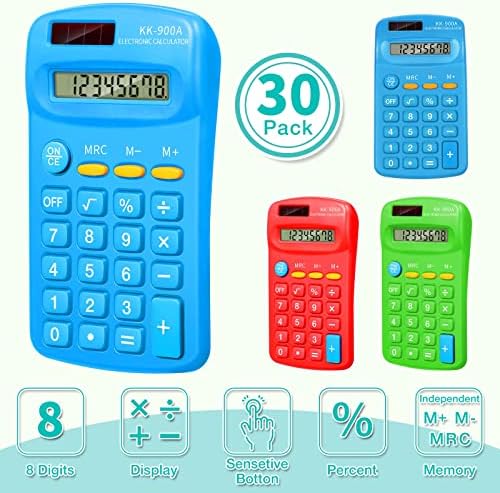 Калкулатор за џеб од 30 пакувања Мал калкулатор за напојување на батерии Масовно мини Големина 4 Калкулатор на функцијата РАБОТНИ Основен калкулатор за ученици Дет?