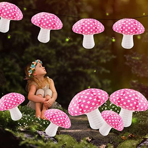 Печурки висечки фенери, 6 парчиња големи фенер за хартија во форма на печурки за шумска џунгла, чудо земја Тема роденденска забава декор